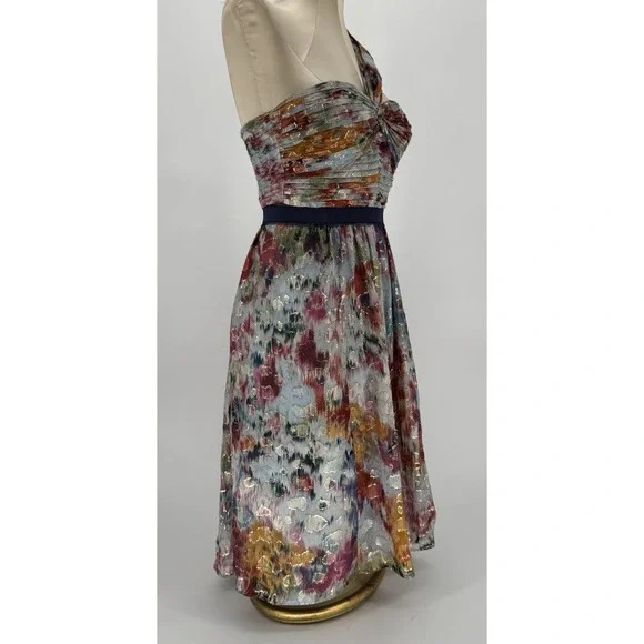 BCBGMAXAZRIA Inga Silk Metallic Dress One Shoulder Watercolor Pleated Size 2 - Picture 4 of 8
